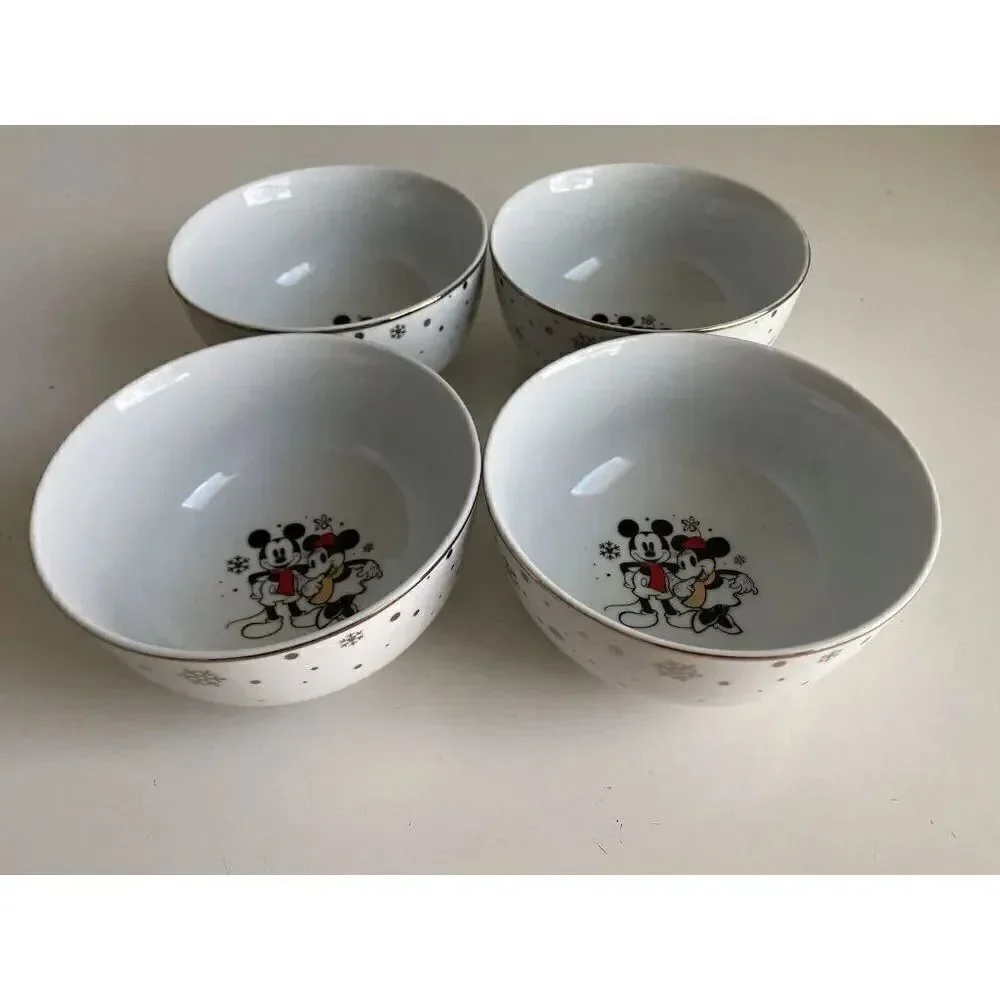 Set Of 4 DISNEY MICKEY MINNIE MOUSE Christmas Soup Snowflakes Red Scarf Bowl NEW